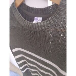 Alya womens sweater sz sm bi level green white stripes with elbow patches